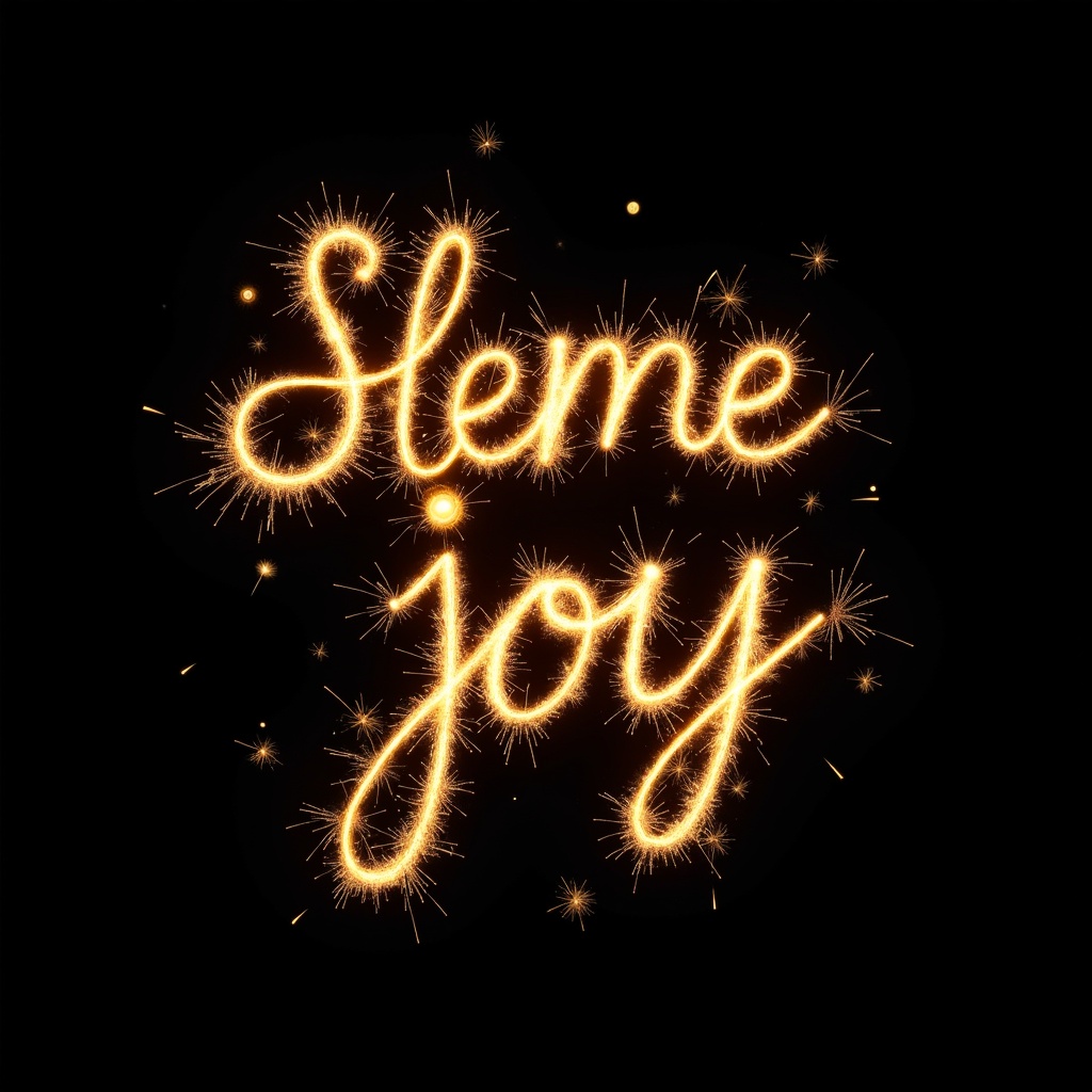 Text in sparkler style spells out 'Sleme joy'. Solid black background enhances golden letters. Energetic sparks surround the lettering creating a festive vibe. Perfect for celebrations.