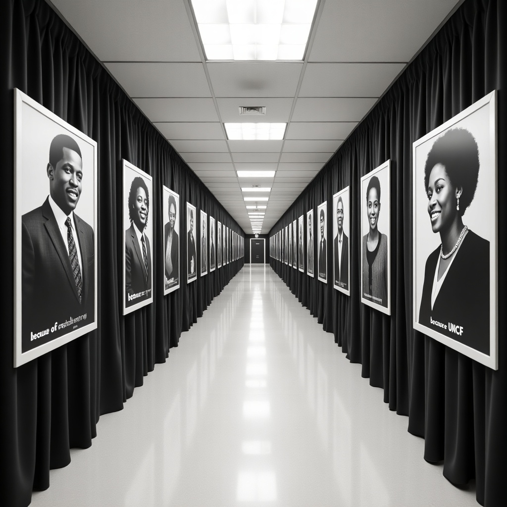 The image depicts a long, wide hallway lined with black and white drapes. On the walls, there are framed photographs of male and female African American graduates, all shown in black and white. The atmosphere is formal and educational, evoking a sense of pride and achievement. At the end of the hallway, a sign reads 'because of UNCF', emphasizing the importance of the United Negro College Fund. The setting appears to be in an educational institution or a community space aimed at showcasing graduate success stories.