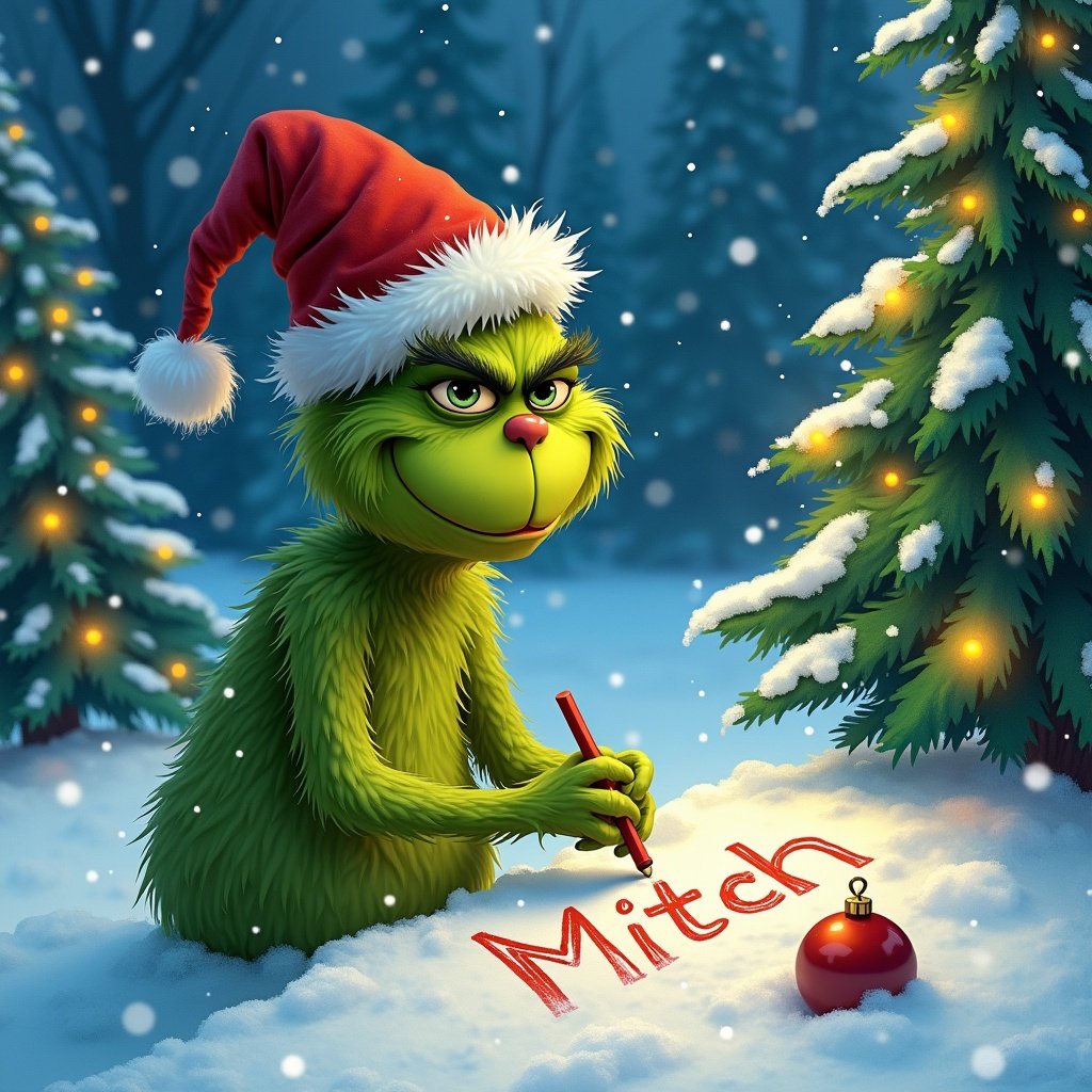 Character resembling The Grinch kneeling in snow. Writing the name Mitch in the snow. Christmas trees with twinkly lights surround the scene.