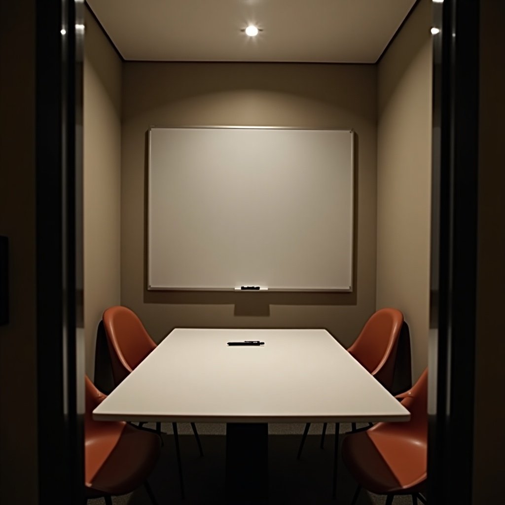 Private meeting room designed for two persons. Features a whiteboard and a pen on the table. The ambiance is dimly lit.