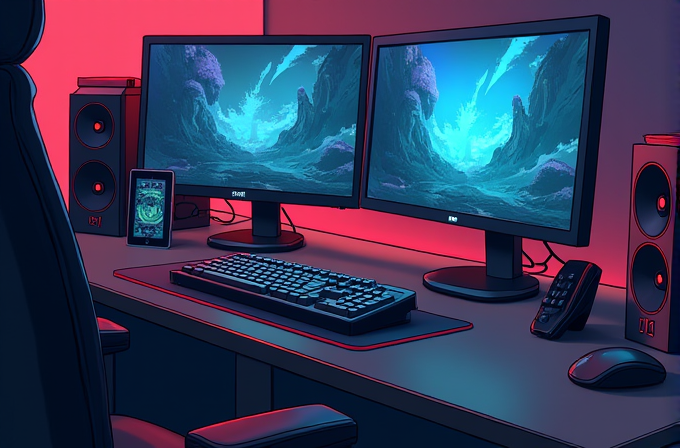 A dual-monitor setup features a captivating landscape wallpaper, surrounded by gaming peripherals and bathed in ambient red lighting.