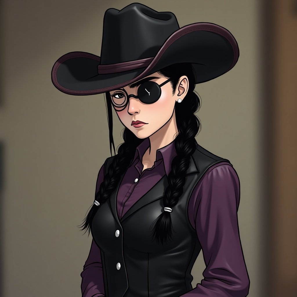 Deputy character from 1899. Long black braided hair is styled to the side. Dark purple long sleeve shirt under a black leather vest. Black cowboy hat with a dark purple rim. Hands on front, serious expression, wearing a clock eye patch on the right eye.