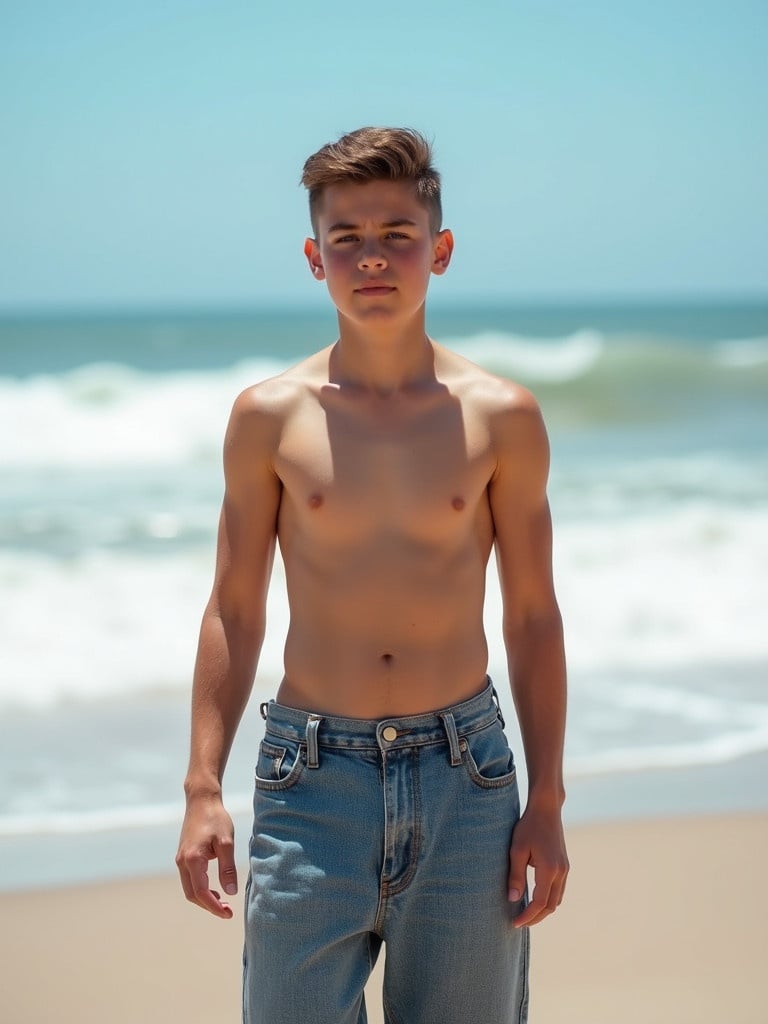 Young muscular teenage boy is standing on the beach. He is shirtless with loose and low hanging jeans. The ocean waves are crashing behind him. Bright sunlight highlights his physique and the clear sky.