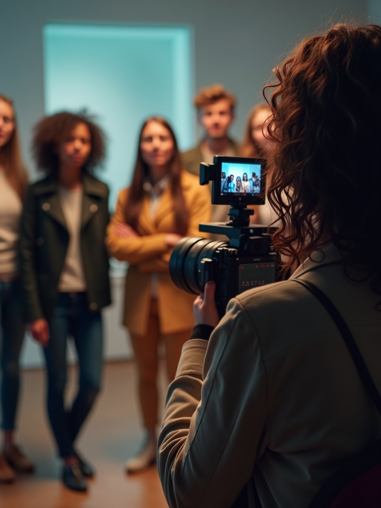 A person films a group of people with a camera.