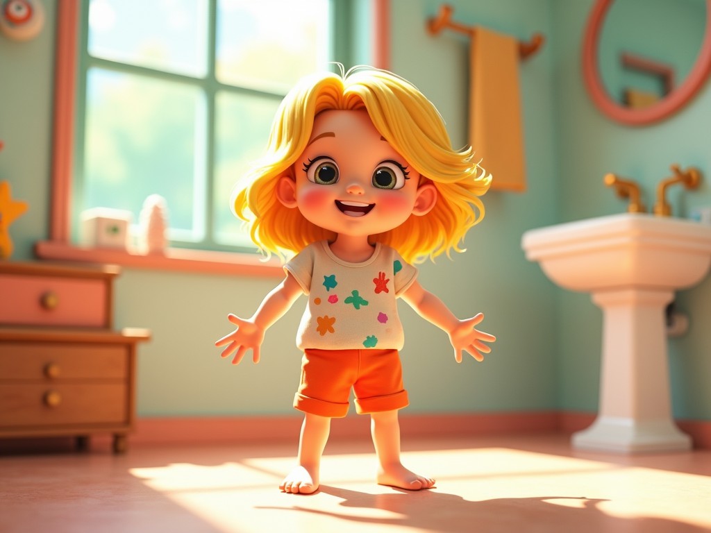 A cheerful cartoon child with blonde hair standing barefoot in a sunny room, wearing a colorful top and orange shorts, with big expressive eyes and arms open wide, in a warm, softly lit bathroom with a window showing a vibrant outdoors.