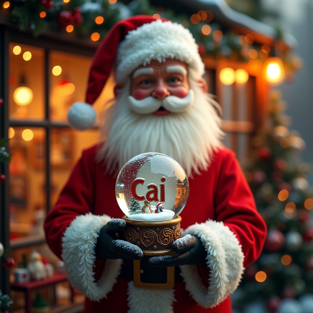 Christmas scene features Santa Claus in red and white suit holding a snow globe. Snow globe contains the name 'Cai'. Background shows a toy shop with festive decorations and glowing lights.