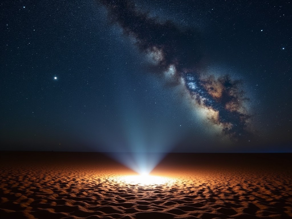 A desert night scene with a bright light source emanating from the sand, under a starry sky featuring the Milky Way galaxy.