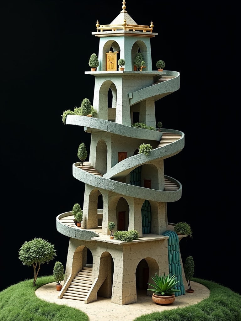 Create an architectural tower inspired by Incan design. Incorporate M.C. Escher's style with impossible geometries. Use interconnected elements with stairs and arches that defy physics. Include small potted green succulents. The building should feature silver, turquoise, and gold with a black background.