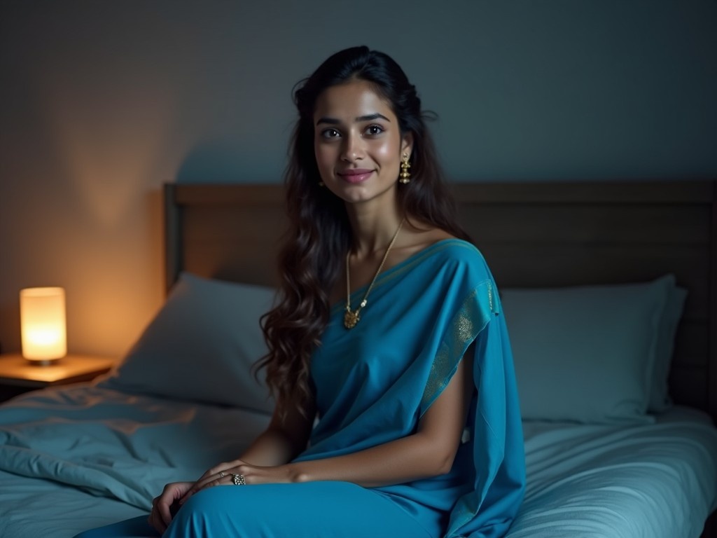 A beautiful and gorgeous 21-year-old girl from Mumbai sits gracefully on her bed. She is wearing a blue saree that complements her fair skin, showcasing her natural look without any makeup. Her hair is styled in soft waves, and she has a peaceful demeanor as if just waking up. The room is softly lit, creating a serene atmosphere that accentuates her beauty. This image radiates a sense of calm and traditional elegance, emphasizing the beauty of simplicity.