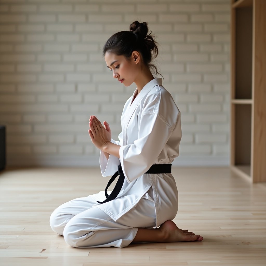 Kneeling karate woman in traditional seiza position. She is barefoot on a hardwood floor. Her attire is a white karate gi with a black belt. The background has a simple, serene setting.