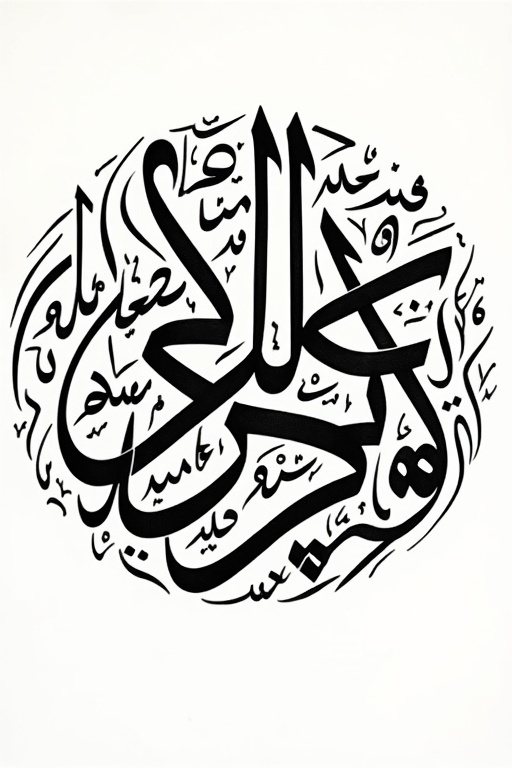 Arab calligraphy hand-drawn in black ink. Name ضوء القمر appears prominently. The design forms a circular shape filling the space completely. Minimalist and striking composition with no background distractions.