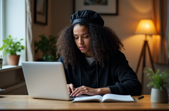 A person with curly hair wearing a beret works on a laptop beside an open notebook, surrounded by cozy ambient lighting and potted plants.