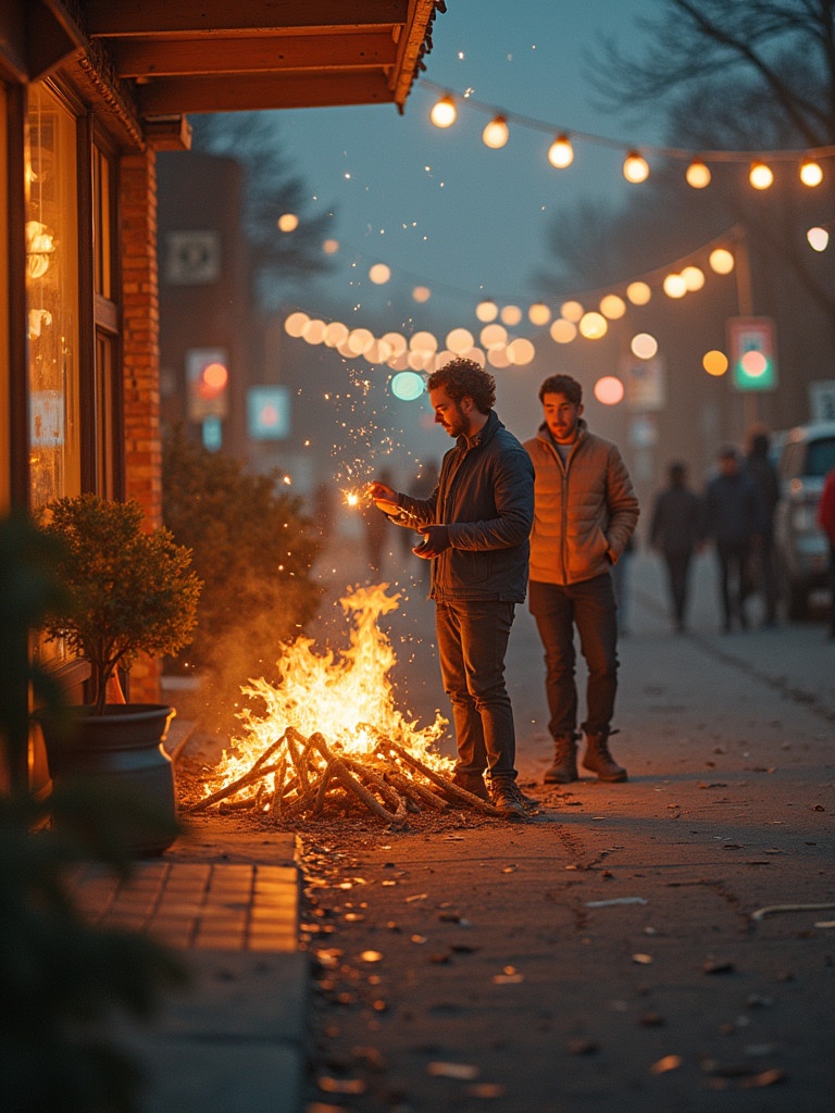 A winter evening scene depicting a lively outdoor bonfire during New Year celebrations. People are interacting nearby under string lights. Cozy holiday atmosphere on a bustling street.