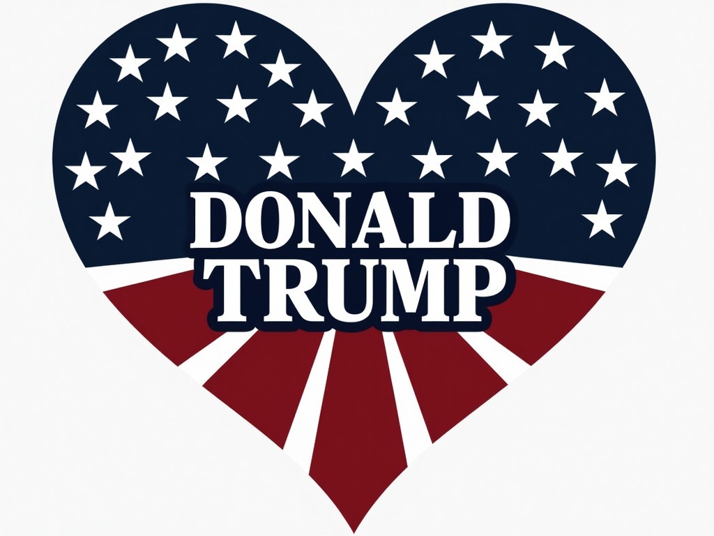 The image showcases a heart-shaped design filled with stars and stripes resembling the American flag's motif. The name 'Donald Trump' is prominently displayed in the center, using bold white lettering. The colors are patriotic, featuring red, white, and blue in a symmetrical, eye-catching layout, symbolizing nationalism and political affiliation.