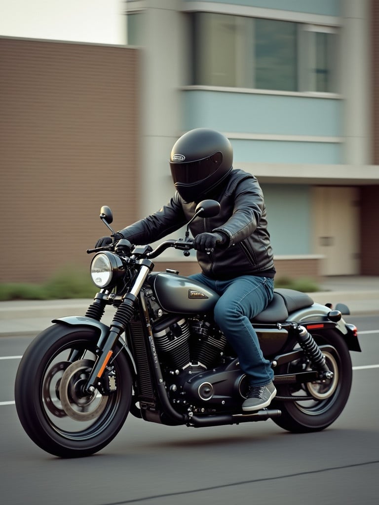 A motorcycle rider clad in black leather gear. A rider wears a sleek black helmet. The motorcycle is cruising on a street. The background is urban with modern buildings. The rider appears confident and focused.