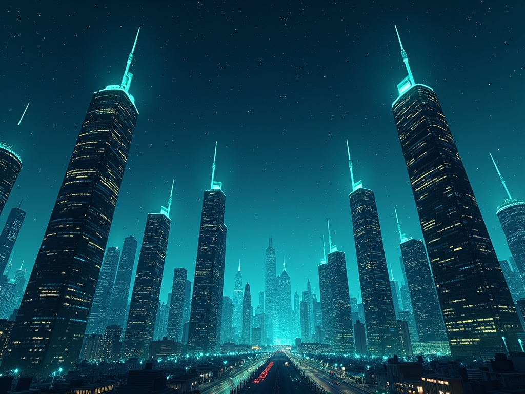 Starry background with a dark blue color. Show a futuristic cityscape with towering corporate buildings featuring cracks. Glowing green and blue digital lines weave through the buildings as if breaking them apart.