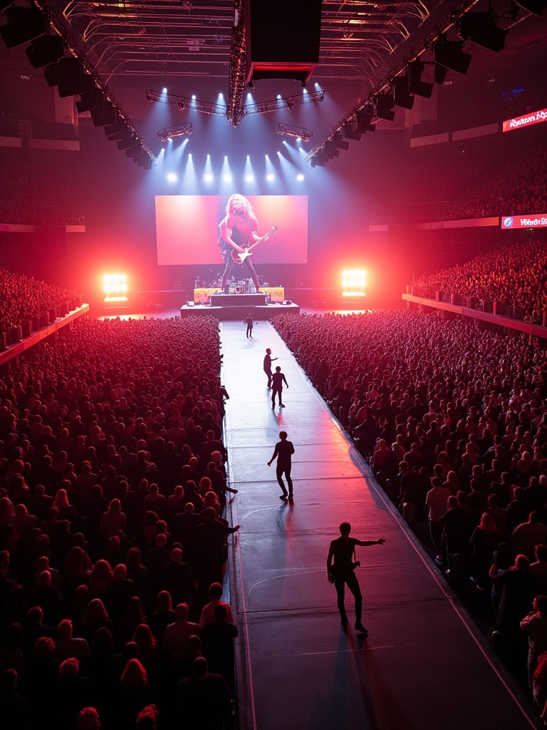 Aerial view of a concert with a T stage. Roddy Rich performing at Madison Square Garden. Bright lights illuminate the stage and runway. Large audience visible in the foreground. Shadows of people walking on the runway are seen. The atmosphere appears electrifying.