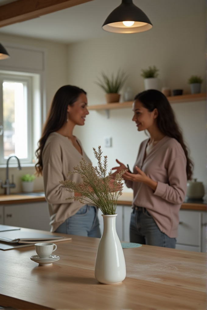 Two women are having a conversation in a cozy kitchen with a vase of flowers on the table.