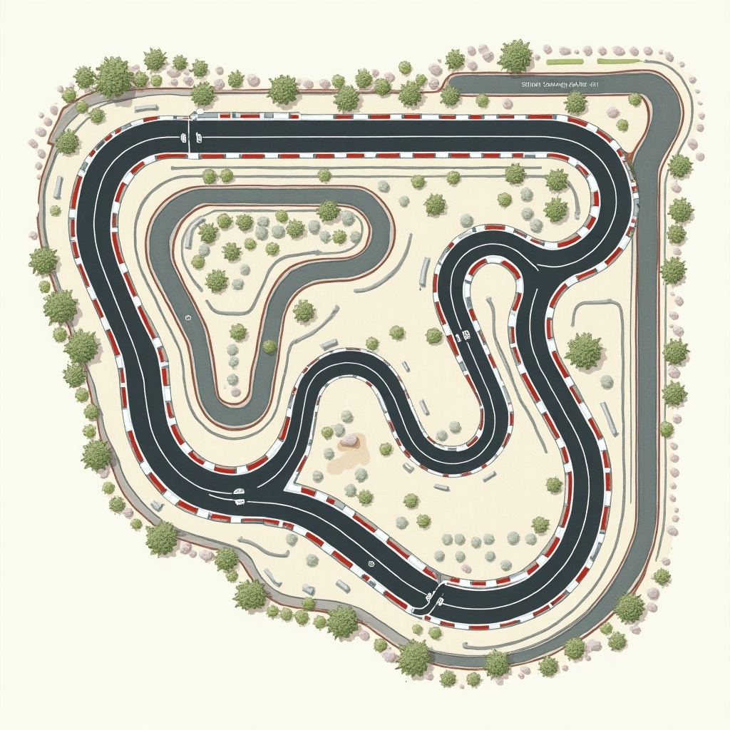 Top view illustration of a complex race track. The layout includes various turns resembling famous circuits. Features straight sections and curves with a surrounding landscape.