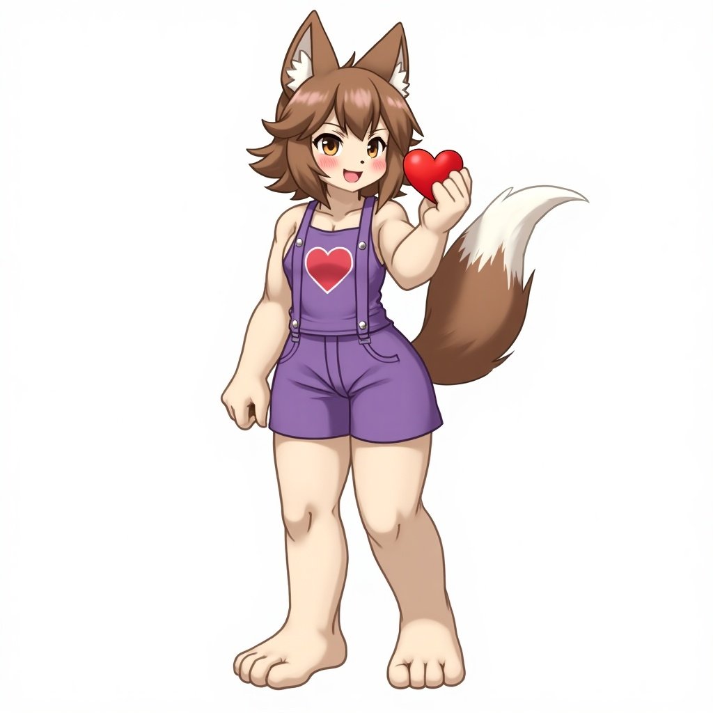 This image features a furry anime girl who is showcasing a muscular physique. She is wearing a purple sports bra and a matching short skirt, emphasizing her strong build. Her hair is styled in a cute, casual manner and is a shade of brown. A playful heart design is visible on her overalls, adding charm to her look. She holds a red heart-shaped object in her hand, symbolizing affection and playfulness. The overall appearance exudes a friendly and inviting vibe.