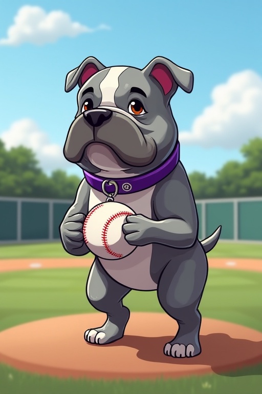 Cartoon bulldog stands on baseball field holding baseball. Gray fur with purple collar. Background shows a green baseball field with trees.