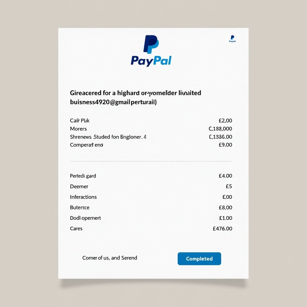 Document displays PayPal proof of payment. Payment sent to buisness4920@gmail.com. Receipt follows PayPal design. Layout prioritizes clarity. Completed transaction total is £5.