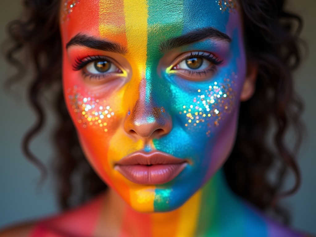 A close-up portrait of a person with colorful, rainbow face paint and glitter, evoking themes of diversity and self-expression.