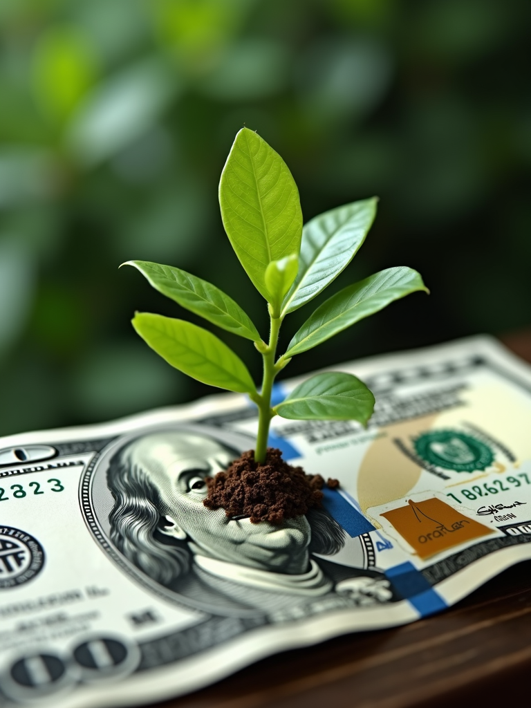 A green plant sprouting from a U.S. hundred-dollar bill.