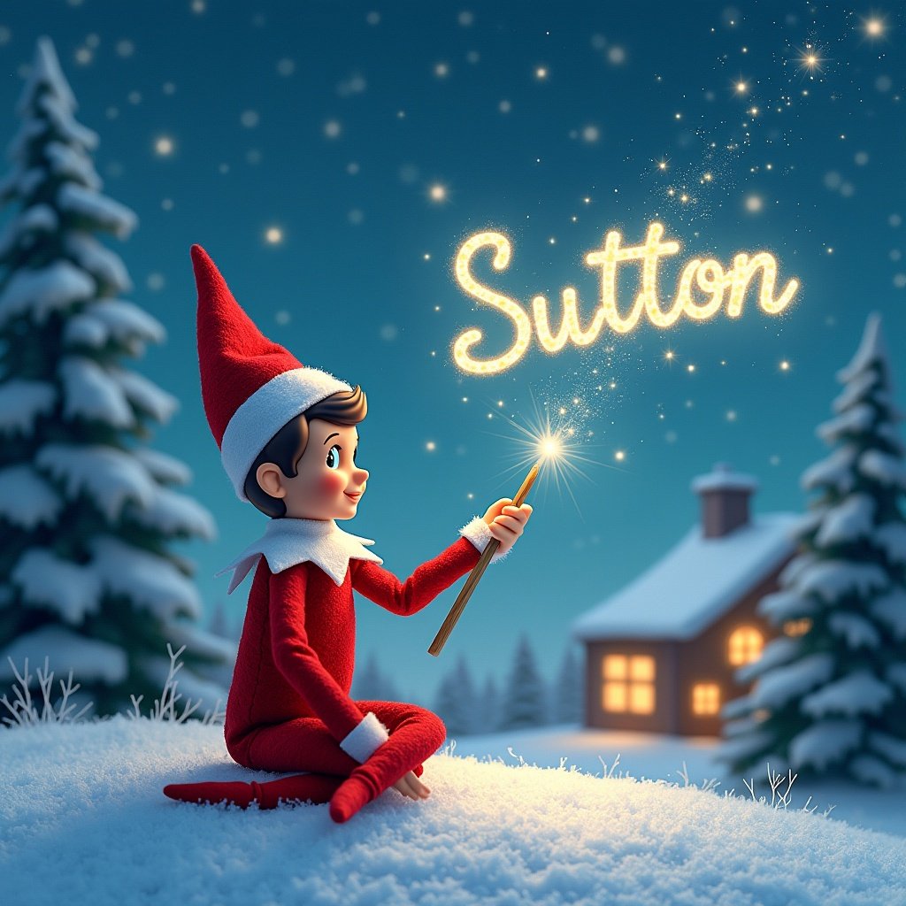 An elf sitting on snow in a winter wonderland. The elf writes names in the sky with a magical wand. Evergreen trees are in the background. Stars fill the sky. 'Sutton' is written in sparkling light above the elf.