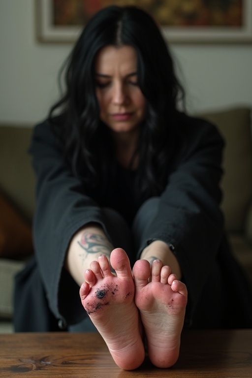 Mature goth woman has long black hair. She shows wounds on her bare feet. She sits on a sofa with her feet on the coffee table.