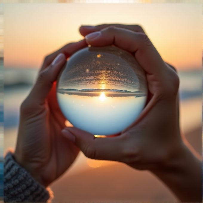 A sunset is captured in a crystal ball held by hands at the beach, showing a mirrored view of the scene.