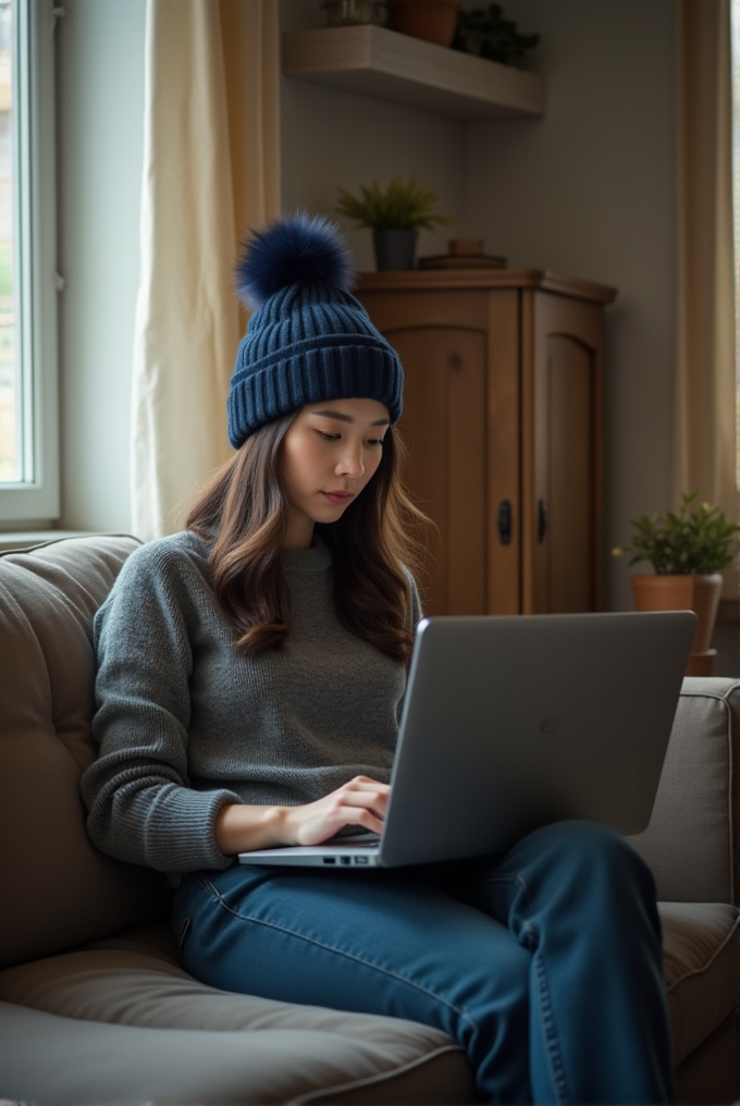 A person sitting on a sofa, wearing a blue beanie with a pom-pom, focused on typing on a laptop in a cozy living room corner filled with warm colors and plants.