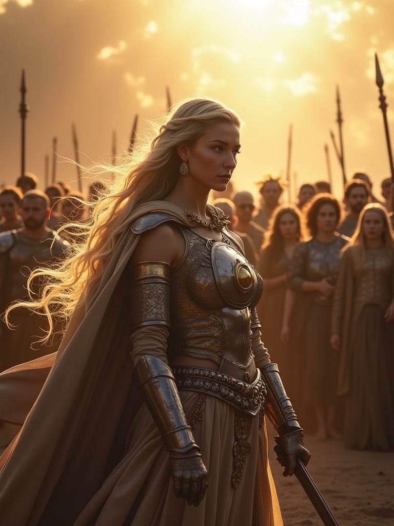 A powerful female warrior stands confidently in front of her army. She wears elaborate armor and a flowing cape. The scene is dramatic with a sunset in the background. Many warriors dressed in similar attire stand behind her. The atmosphere conveys strength and unity.