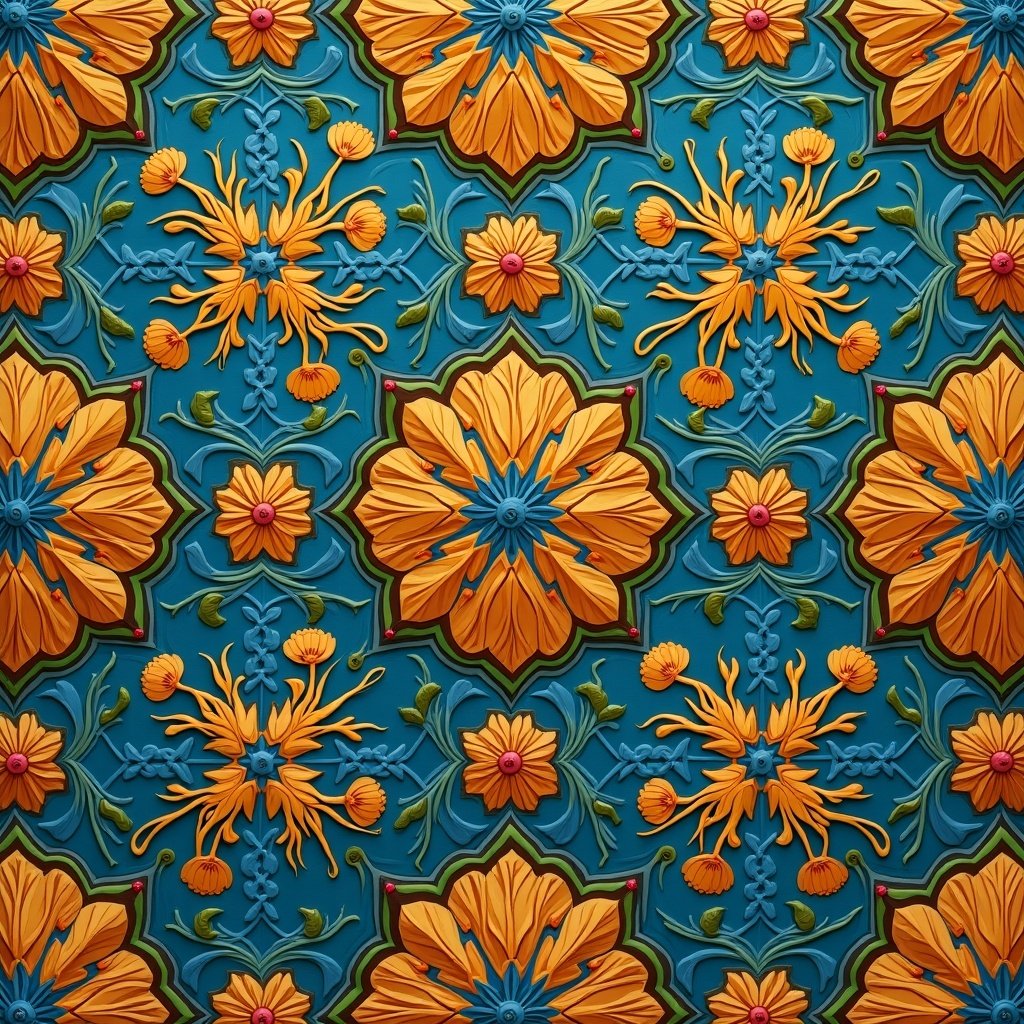 Unique Arabesque Pattern with floral motifs and intricate details. Bright colors and symmetrical design complete the visual impact.