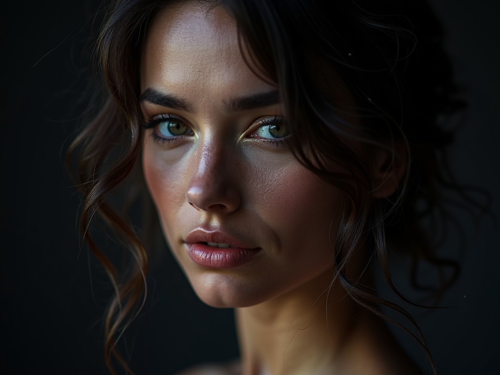 A captivating portrait of a woman with strikingly intense green eyes and soft, wavy hair falling gracefully around her face. The lighting highlights her defined features, creating a dramatic contrast against the dark background. The image evokes a sense of intimate elegance and mystery.