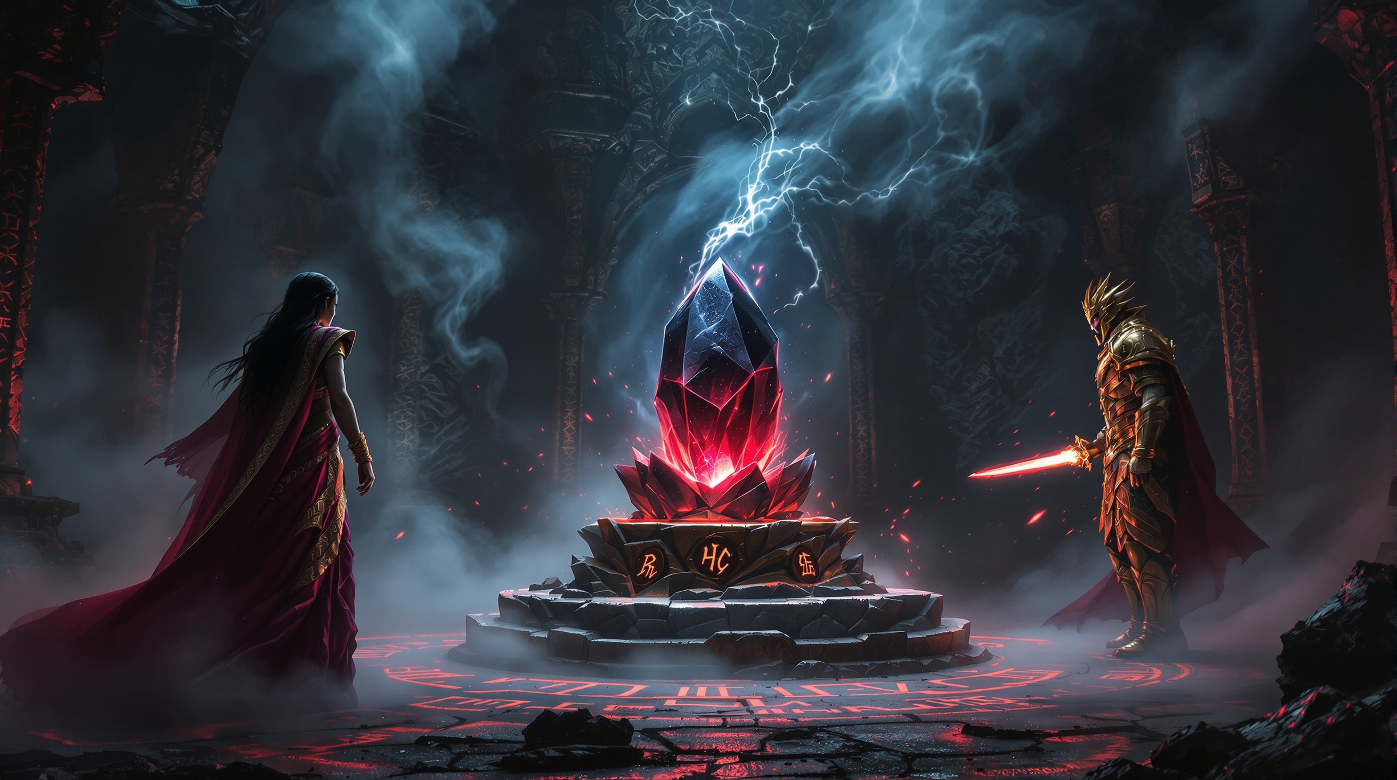 A majestic fantasy scene in a dark and smoky palace chamber. A glowing black crystal emanates dark energy from a jagged pedestal. Queen Mriganjali observes the crystal intently in her shimmering pink and gold attire. King Rudrasen battles phantoms with a radiant sword. The environment reacts to the power of the crystal, enhancing the scene's drama and stakes.