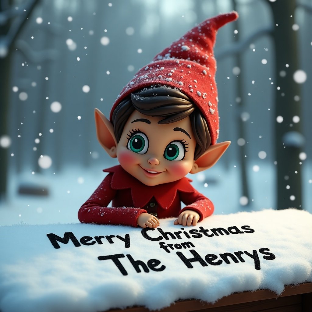 A cheerful elf in a red outfit sits in the snow. Elf has dark skin. Elf wears a red hat and is writing in snow. Text says Merry Christmas from The Henrys.