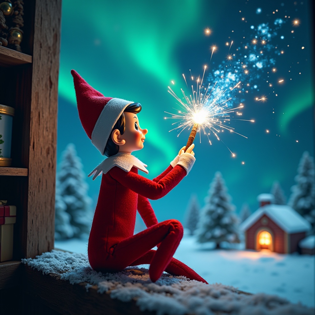 A charming elf on the shelf in bright red attire sits on a snowy window ledge. The elf gazes up at the mesmerizing northern lights illuminating the night sky. In its hand, it holds a sparkling magic wand, delicately writing the name 'Payton' in the air with vibrant blue fireworks. The scene is set in a cozy cabin at the North Pole, surrounded by beautifully crafted snowy trees and a warm, inviting cottage in the background. This enchanting moment captures the joy and spirit of the holiday season, inviting a sense of wonder and magic.