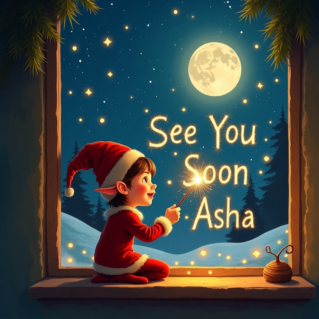 An elf is sitting on the windowsill at night. The elf wears a red outfit and a pointy hat. The elf joyfully uses a sparkler to write 'See You Soon Asha' in the sky. The scene is warmly lit creating a cozy feel. The moon shines brightly outside the window enhancing the festive atmosphere.