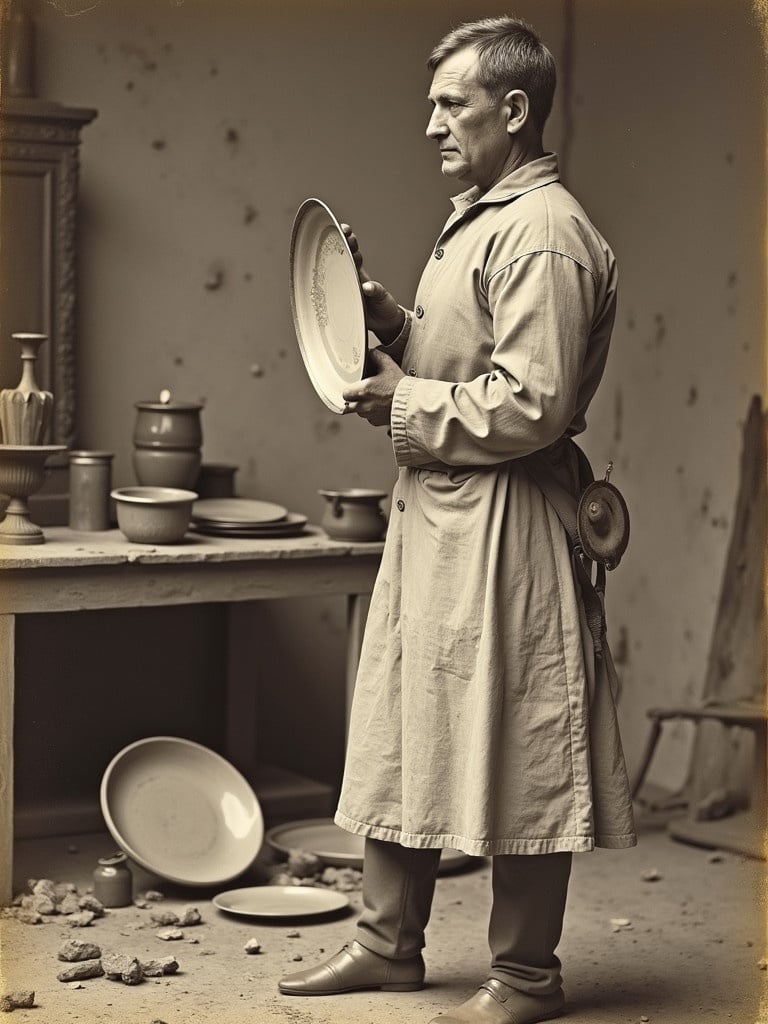 Man holds a plate in a pottery workshop. Surrounding pottery items scattered on the floor. Soft lighting enhances the scene. The environment reflects an artisan's creative space. Focus is on the act of holding.