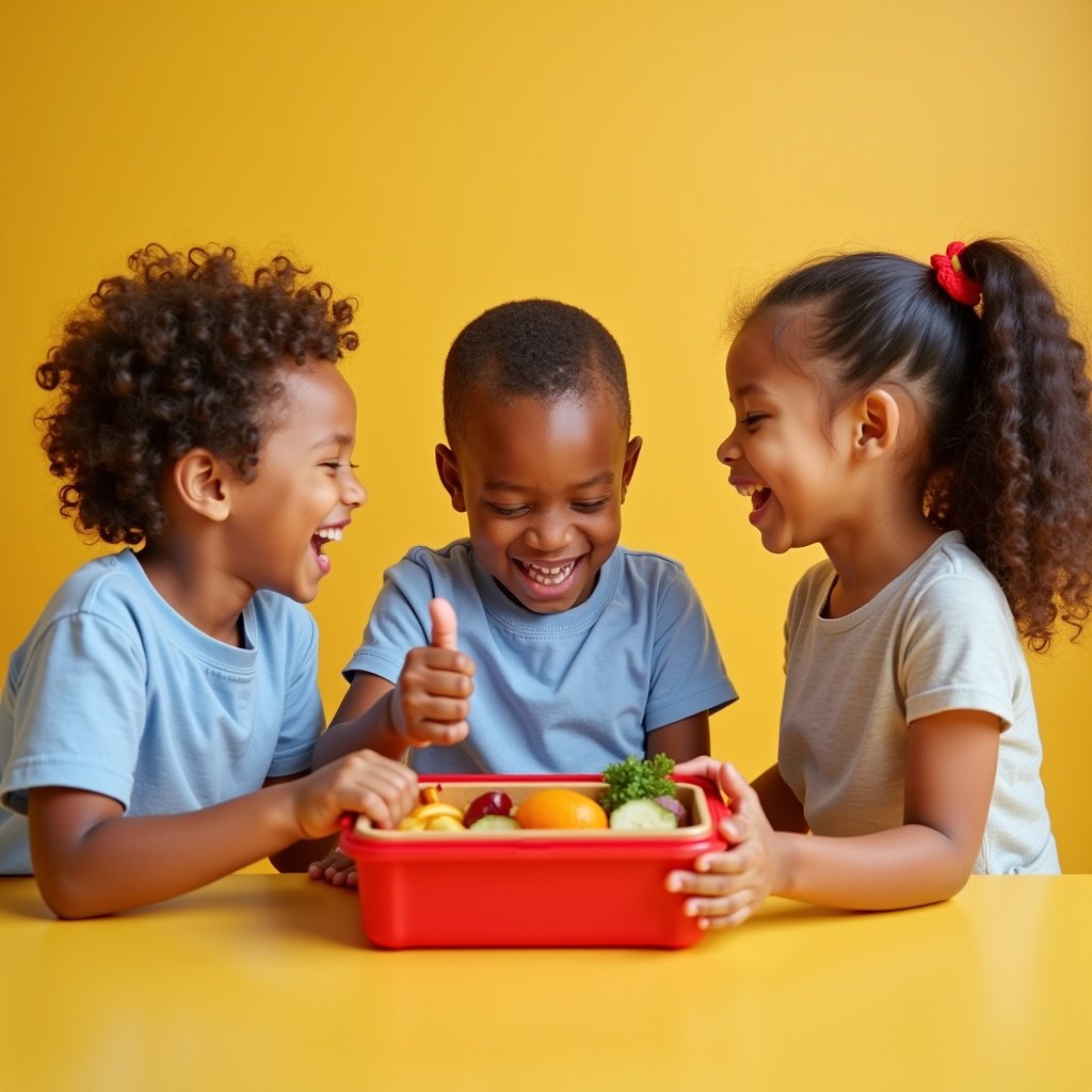 Children are joyfully holding a lunch box filled with healthy food. They are sitting at a table. Their expressions show happiness and excitement.