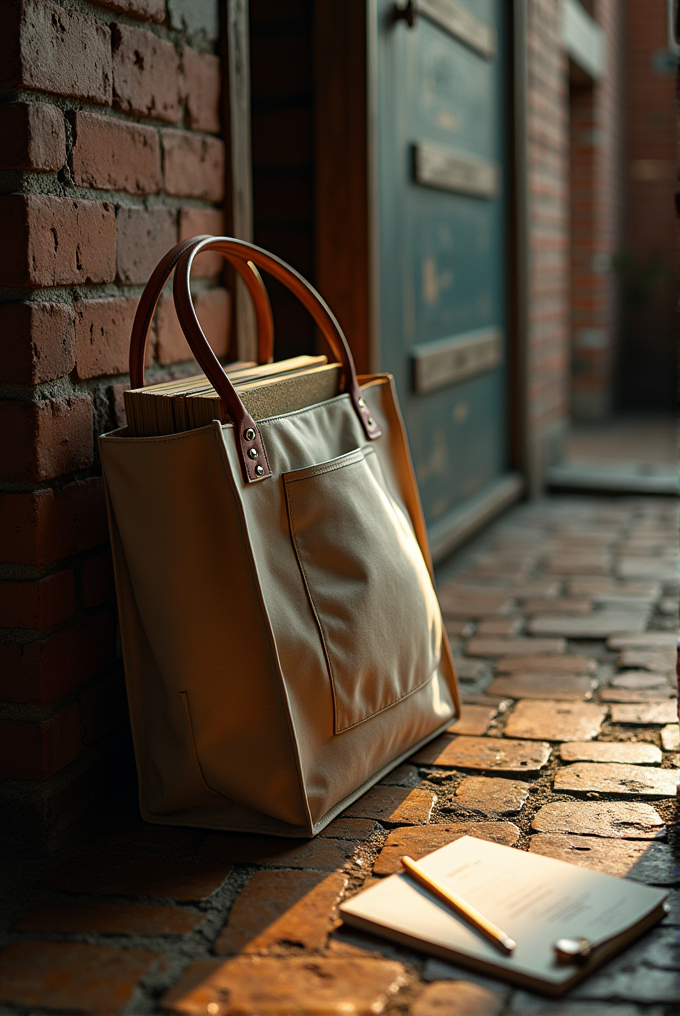 A beige bag with books inside leans against a brick wall, illuminated by warm sunlight, with a notebook and pencil on the cobblestone path.