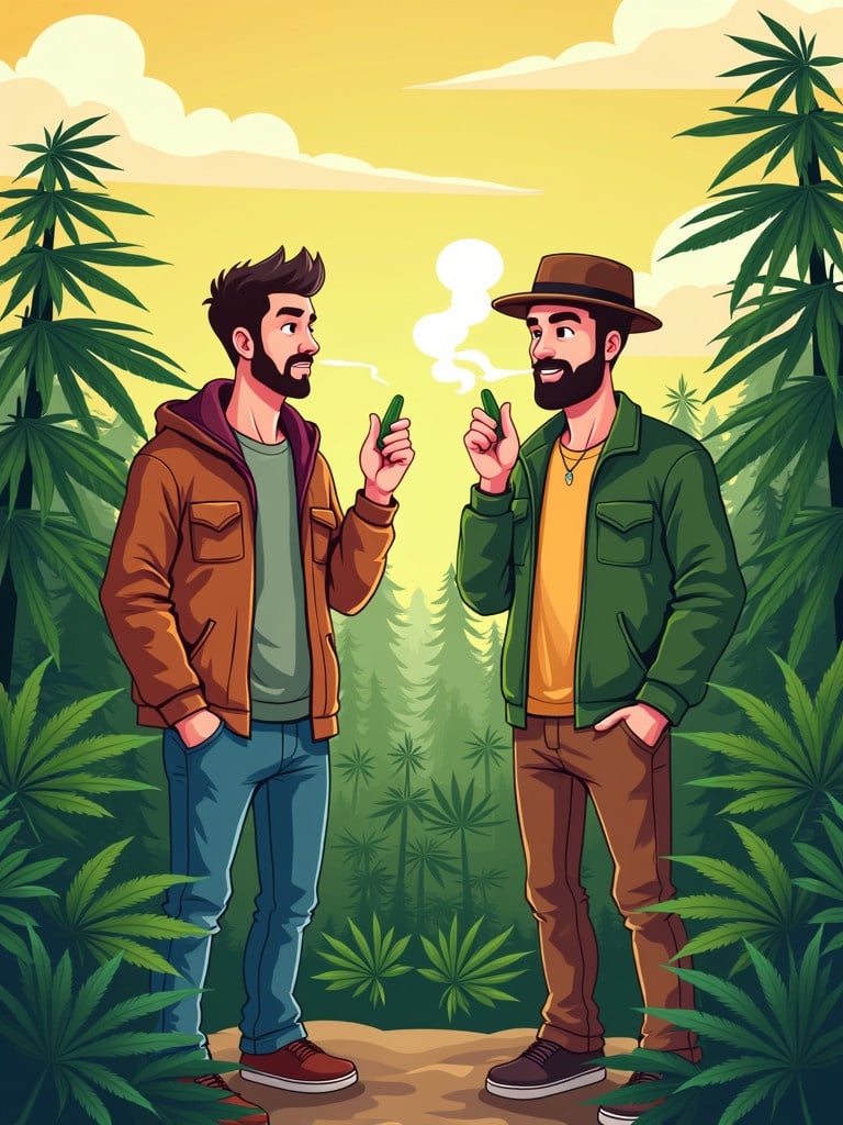 Cartoon style image shows two men smoking weed surrounded by cannabis plants. They stand outdoors in nature. The background features a sunset and lush greenery.