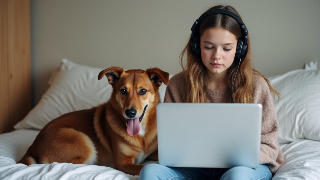 A girl with headphones sits on a bed using a laptop, accompanied by a happy dog.