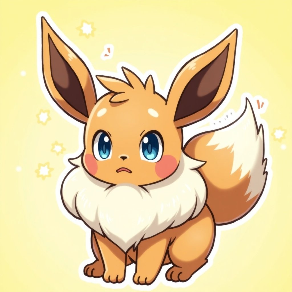 A fluffy male Eevee character with chubby features. Cute and shy expression. Blue eyes and feminine traits. Playful and bubbly aura.