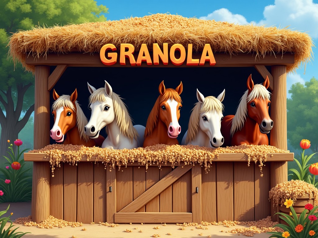 The image features six animated horses poking their heads out from a wooden stall. The stall has the word 'GRANOLA' prominently displayed above it, suggesting a playful theme. Each horse has a different coat color, including shades of brown, white, and orange. The background is lush with green trees and colorful flowers, enhancing the cheerful vibe. The setting seems to imply a connection between horses and granola, making it appealing for children and family-oriented marketing.