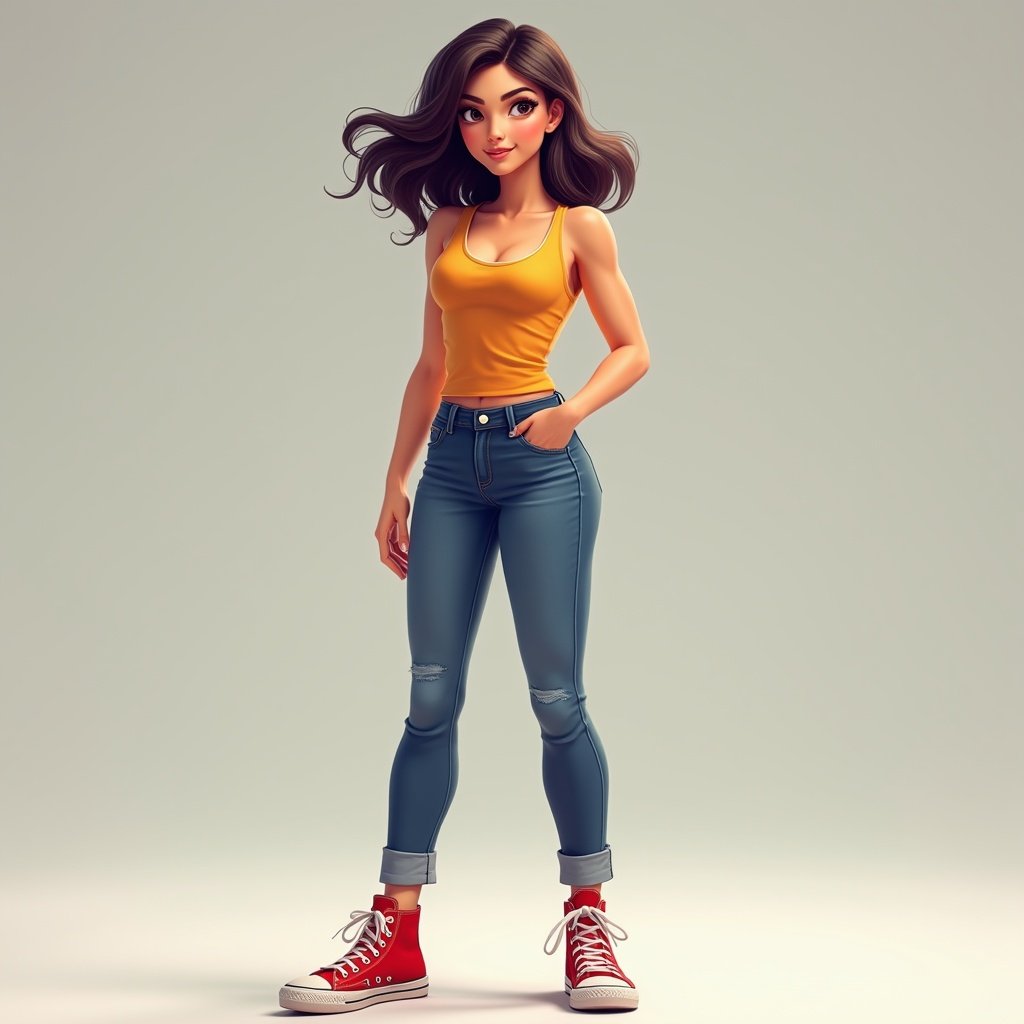 A young woman with flowing waves in her hair. She wears a bright tank top and a fitted pair of jeans. The outfit is completed with red high-top sneakers. She has an athletic build. Background features a soft gradient for emphasis on the character.