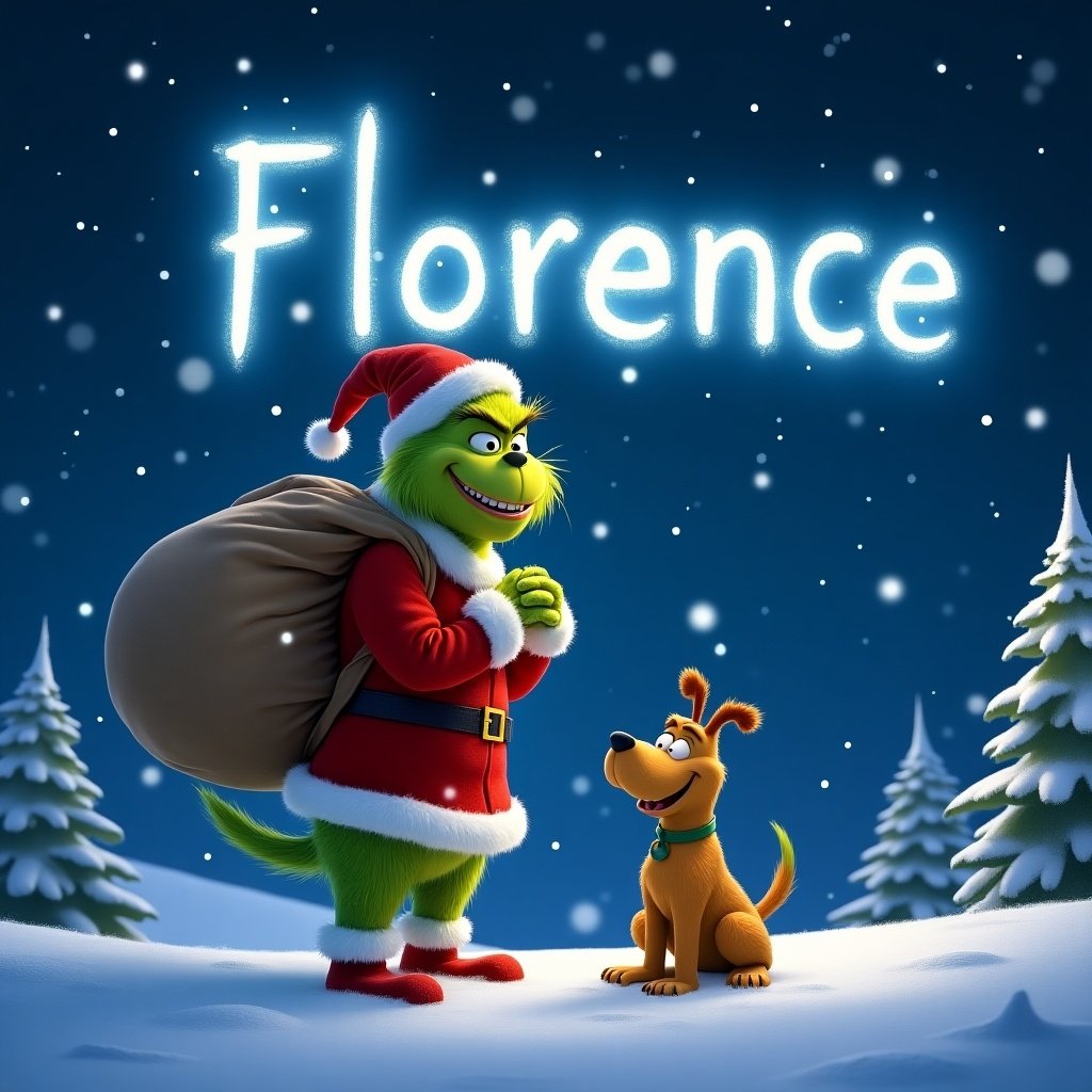 Evil Grinch in snowy landscape writing 'Florence' in the sky. Wearing festive red suit. Carrying large sack. Dog Max nearby smiling. Starry night sky. Snowflakes falling. Pine trees in background.