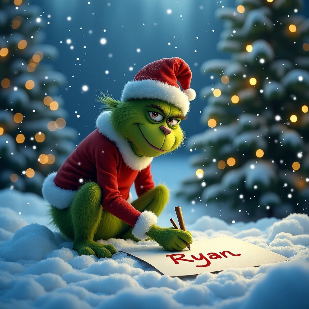 The Grinch writes the name Ryan in the snow outside. The background features Christmas trees decorated with twinkling lights. A snowy landscape surrounds the scene.