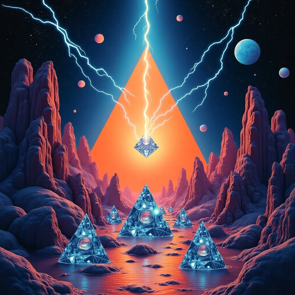 Artwork depicting a surreal landscape with towering rock formations against a starry cosmic background. A glowing triangle illuminates the scene with vibrant lightning bolts and drifting planets. Shiny diamonds dangle and reflect light. Colors blend from deep blues to bright oranges. The atmosphere feels psychedelic and futuristic.